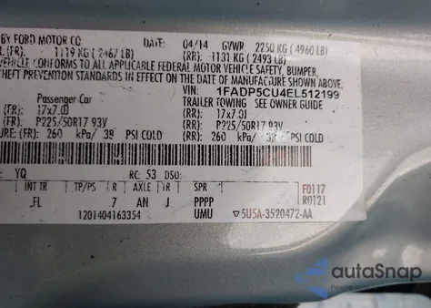 2014 Ford C-Max Energi Sel z USA, uszkodzony, nr VIN 1FADP5CU4EL512199